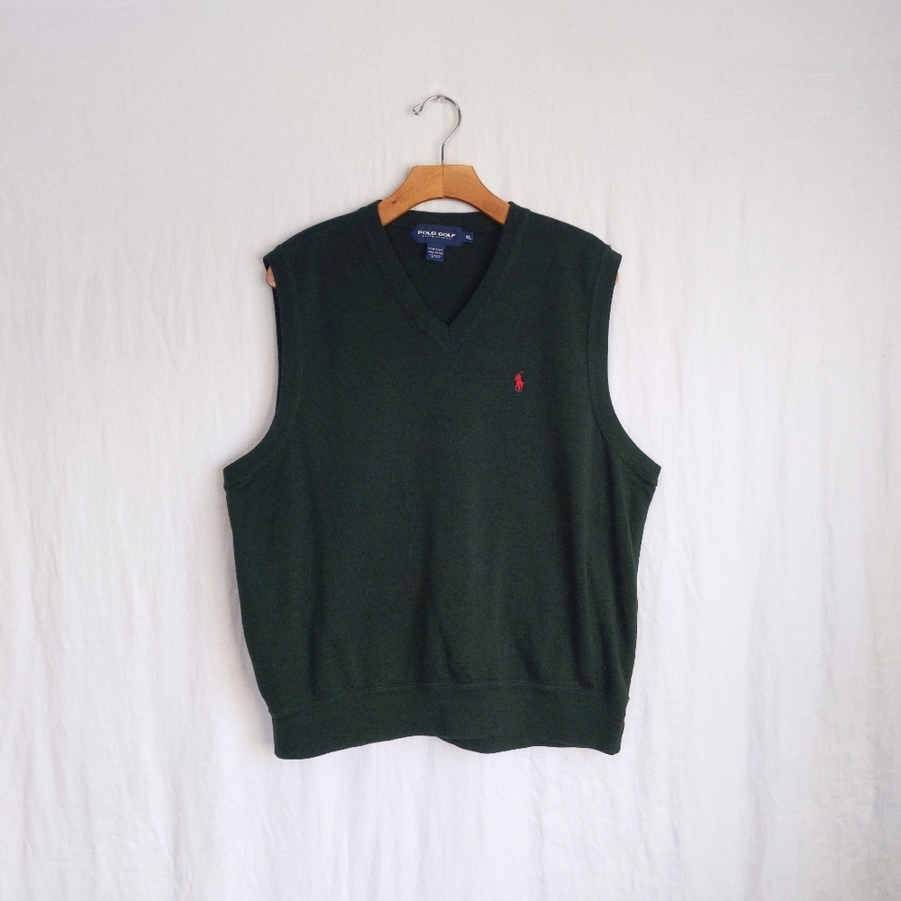 Vtg POLO RALPH LAUREN Forest Green Knit V Neck Sweater Vest Golf Tank XL - Picture 4 of 5